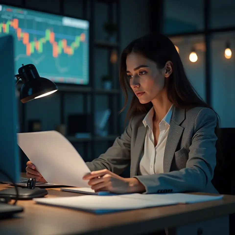 Analista portuguesa observa gráficos e dados de mercado em ambiente profissional